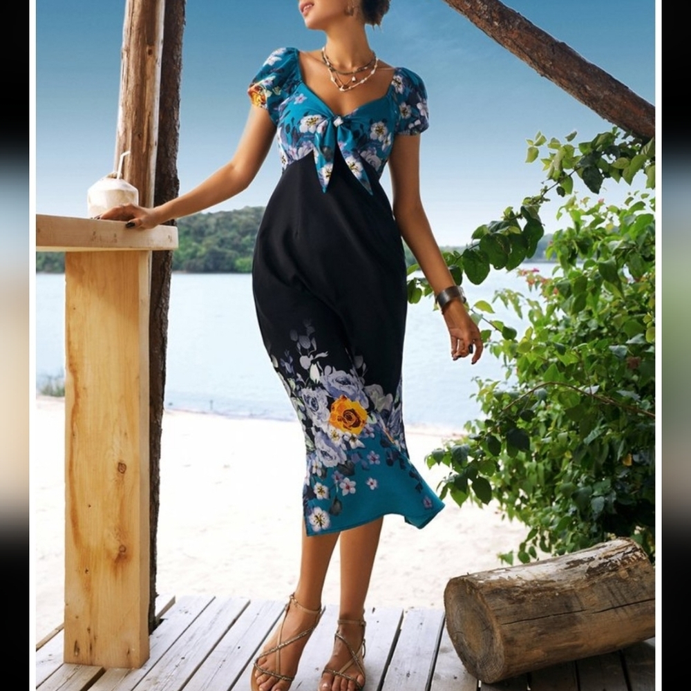 Suzanne Betro Teal Blue Floral Print Spring/Summer Vacation Midi Dress- Sz-XL